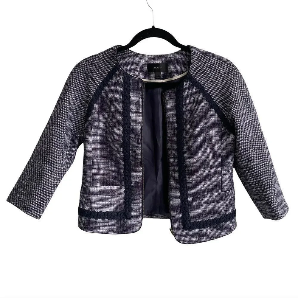 J. CREW Navy Blue Tweed Cropped Collarless Zip Front Blazer Jacket 0